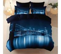 Housse de Couette 140 x 200 cm Réversible Pont Ville Bâtiments Éclairage, Photographie Moderne Microfibre Douce Respirante Parure de lit avec Taie d'oreiller 3 Pièces, Bleu Marine