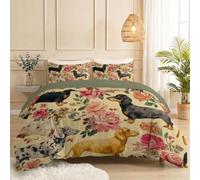 Housse de Couette 140 x 200 cm, Teckel Fleurs Impression Microfibre Housse de Couette Set 3 Pièces, Cartoon Vintage Doux Parure De Lit avec Fermeture Éclair et 2 Taies d'oreiller 65x65cm, Gris Vert