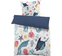 Housse de Couette 140x200 Animaux Marins Housse de Couette 1 Personne en Microfibre, Parure de Lit Poisson Étoile de Mer, Housse Couette Dessin Animé Vie Marine avec Taies d'oreiller, Bleu AZ78