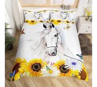 Housse de Couette 140x200 Cheval Blanc Literie Tournesol Jaune Ensemble de Literie Garçons Filles Femmes Animaux Sauvages Literie Papillons Colorés Parure de Lit Western Farmhouse Housse Couette