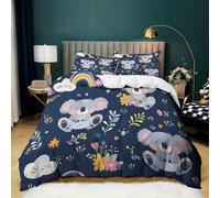Housse de Couette 140x200 cm Marguerite Koala Dessin Animé, Parure de Lit 1 Personnes en Microfibre Douce, Ensemble de Literie Bleu Foncé avec 2 Taies d'oreiller 65x65 cm pour Décoration de Chambre