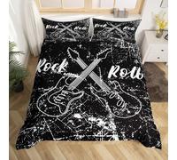 Housse de Couette 140x200 Enfant Guitare 3D Parure de Lit 1 Personne en Microfibre Musique Rock 3 Pièces Ensemble de literie Noir avec Fermeture Éclair et 2 Taies d'oreiller E-651