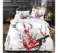 Housse De Couette 140x200 Fille Garcon 3D Fleurs De Peinture Chinoise Parure de Lit 1 Personne Patron De Prune Douce Microfibre Literie 3 pièces avec Fermeture Éclair et 2 Taies d'oreiller 50x75cm