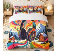 Housse de Couette 160x200 Casques Audio Pop Art Rétro | Parure de Lit 1 Personne Imprimé 3D Microfibre Literie Set 3 Pièces Coloré avec Housses Couette et 2 Taies d'oreiller