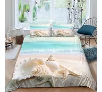 Housse de Couette 160x200 cm Coquillage Parure de Lit Thème Plage 1 Personne Housse Couette Imprimée 3D Microfibre Douce avec Fermeture Éclair et 2 Taies d'oreiller G/447