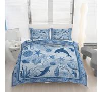 Housse de Couette 160x200 Dauphin Imprimé Coquillage Étoile de Mer Parure de lit Réversible Microfibre avec Fermeture Éclair, 2 Personnes, Ensemble de Literie 3 Pièces et 2 Taies d'oreiller L1w34k