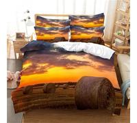 Housse de Couette 160x200 Enfant Ferme Rurale 3D Parure de Lit 1 Personne en Microfibre Couchers de Soleil 3 Pièces Ensemble de literie Orange avec Fermeture Éclair et 2 Taies d'oreiller E-1536