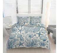 Housse de Couette 160x200 Étoile de Mer Corail Coquillage Imprimé Bleu Blanc Parure de lit Réversible Microfibre avec Fermeture Éclair, Ensemble de Literie 3 Pièces et 2 Taies d'oreiller x1S10k
