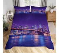 Housse de Couette 160x200 Pont de Brooklyn 3D, Chambre Adulte Ado | Microfibre Douce, Anti-froissage, Horizon de New York Parure de Lit 1 Personnes, 2 Taies d'oreille, Fermeture Éclair Cachée
