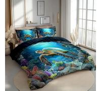 Housse de Couette 180 x 200 cm Grotte Sous-Marine Plantes Marines - Parure de Lit Enfant Adulte 1 Personnes avec Fermeture Éclair Sets de Housse Couette en Polycoton avec 2 Taie d'oreiller, Bleu foncé