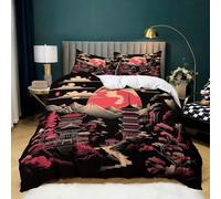 Housse de Couette 180x200 cm Loft Montagne Japonais, Parure de Lit Imprimée Paysage Coucher Soleil pour 2 Personnes, Housses de Couette Microfibre Douce et Respirante avec 2 Taie d'oreiller