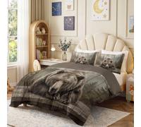 Housse de Couette 200 x 200 cm, Ado Adultes en Microfibre | Parure de lit Imprimé Rustique Cabane Ours Pin Planche Bois,Fermeture Éclair,2 Taies d'oreiller,Réversible Linge de Lit, Marron Gris