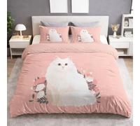Housse de Couette 200 x 200 cm en Microfibre Ultra Douce Animal Apaisant Chat Blanc Rose Blanc Portrait Cosy Mignon Parure de Lit Adulte 2 Personnes avec Fermeture Éclair + 2 Taies d’Oreiller