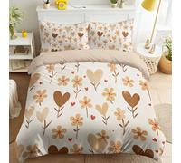 Housse de Couette 200 x 200 cm Floral Botanique Motif, Beige Réversible Sets de Housses de Couettes, Adulte Cadeau, Fleur Cœur Couleur Café Romantique Douillet Parure de lit 120g/㎡ Microfibre