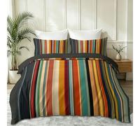 Housse de Couette 200 x 200 cm Style Moderne Géométrique- Parure de Lit 2 Personnes Motif Bande Colorée Rayures, Café Foncé Ensemble de Literie en Microfibre Douce avec Fermeture éclair