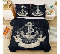 Housse de Couette 200 x 200 cm Style Nautique/Marine - Ancres Rubans Corde Couette Microfibre Douce avec Fermeture Éclair + 2 Taies d'oreiller 65x65cm - Idéal pour Chambre Hommes