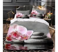 Housse de Couette 200x200 Adulte Pierre Zen 3D Parure de Lit 2 Personnes en Microfibre Orchidée 3 Pièces Ensemble de literie Gris avec Fermeture Éclair et 2 Taies d'oreiller E.657
