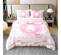 Housse de Couette 200x200 Coton Monogramme Lettre Initiale Q Élégant Parure de Lit Enfant Nœud Rose Sets de Housses de Couettes Esthétique Coquet Imprimé Rose Floral Mignon Girly Dentelle Style Preppy