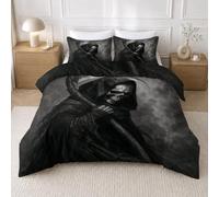 Housse de Couette 200x200 Garçon Enfant Crâne Gothique | Parure de Lit 2 Personnes Gris Charbon Halloween, 3 Pièces avec 2 Taies d’oreiller, Microfibre Douce, Fermeture Éclair