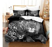 Housse De Couette 200x200 Lion Tigre Noir with 2 Taies D'oreillers 65x65 cm - Microfibre Parures De Lit,Adaptées Aux Adultes Et Aux Enfants - Housse De Couette