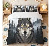 Housse de Couette 200x200 Loups Gris Forêt Brumeuse | Parure de Lit 2 Personnes Imprimé 3D Microfibre Literie Set 3 Pièces Gris avec Housses Couette et 2 Taies d'oreiller