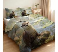 Housse De Couette 220×240 Loutre et étang Aux Lotus Parure De Lit Adulte Deux Personnes 2 Taies d'oreiller Style Forêt Apaisant Microfibre Douce Fermeture éclair Ensemble De 3 Pièces Parure Lit A35