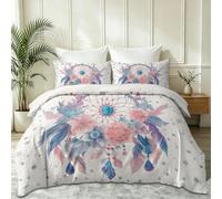Housse de Couette 220 x 240 cm Attrape Reves Plumes Fleurs Étoiles Pierres, BlancBohème Microfibre Douce Parure de Lit pour Adultes Enfant, avec Fermeture Éclair et 2 Taies d'oreiller