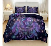 Housse de Couette 220 x 240 cm Galaxie Rêve, Parure de Lit 2 Personnes avec Fermeture Éclair pour Enfant Ado avec Taies d'oreiller - Sets de Housses de Couettes Licorne Attrape-Rêves Plumes, Violet