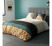 Housse de Couette 220x240 cm BANGUII + 2 taies 100% Coton 57 Fils - Parure de lit Patterns géométriques moutardes et Bleus