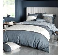 Housse de Couette 220x240 cm Bréhat 100% Coton 57 Fils - Parure de lit Lignes Grises et Bleues avec 2 taies d'oreiller carrées