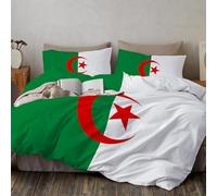 Housse De Couette 220X240 Drapeau Algérien, Avec Taie D'Oreiller 65X65, Parure De Lit 220X240 Cm Croissant Étoilé Bicolore Vert Et Blanc, Réversible Microfibre, Linge De Lit Fermeture Éclair