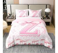 Housse de Couette 220x240 Enfant Coton Lettre Z Nœud Rose Parure de Lit Rose Floral Preppy Coquet Sets de Housses de Couettes Monogramme Initiale Mignon Girly Dentelle Princesse Vintage Romantique