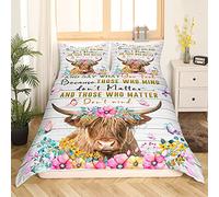 Housse de Couette 220x240 Highland Cow Flower,Ensemble de Literie Bovins Bruns Housse Couette Western Funny Animal Wildlife Farmhouse Parure de Lit Vache Décoration Florale de Papillons 3 Pièces
