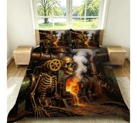 Housse de Couette 220x240 Squelette de Crâne Steampunk Parure de Lit 2 Personnes Imprimé 3D Microfibre Literie Set 3 Pièces Jaune Clair avec Housses Couette et 2 Taies d'oreiller G-2053
