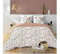 Housse de couette 240x220 cm MAIWEN Mocha 100% coton 57 fils - motif végétal + 2 taies