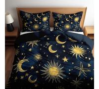 Housse de Couette 240 x 220 cm Motif Soleil Céleste Onirique Lune, Parure de Lit Bleu Foncé Fermeture Éclair - Housse de Couette Linge de Lit 2 Personnes Adulte avec Taies d'oreiller 65 x 65 cm
