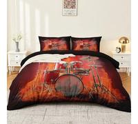 Housse de Couette 240 x 260 cm Parure de Lit 3 Pièces avec 2 Taies d‘Oreiller, Microfibre Impression Style Industriel Moderne Instruments De Musique Batterie Flammes Housse Couette, Tous Âges