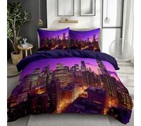 Housse de Couette 240 x 260 cm Vue Aérienne D'Un Gratte Ciel Moderne Parure de Lit avec Fermeture Éclair - Linge de Lit Réversible avec 2 Taies d'oreiller 65x65 cm - Microfibre brossée Douce, Violet