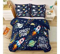 Housse de Couette 240 x 260 cmParure de Lit 3 Pièces avec 2 Taies d‘Oreiller 65x65 cm, Microfibre Impression Cartoon Sci-FI Fusée Planète Étoile Lettre Housse Couette, Tous Âges