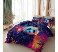 Housse de Couette 240x220 cm avec 2 Taies d'oreiller - Panda céleste et bambou fantastique Parure de Lit Réversible - Parure de Couette 2 Personnes Microfibre avec Fermeture Éclair, Bleu Violet