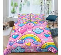 Housse de Couette 240x220 cm Nuages Arc Céleste Parure de Lit 240x220 3D Imprimée Linge de Lit Style Dessin Animé Housse Couette avec Fermeture et 2 x 65x65 cm Taies d'oreiller G.3085
