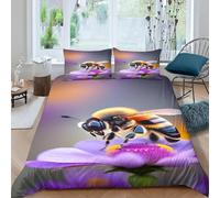 Housse de Couette 240x260 cm Abeille Parure de Lit 240x260 3D Imprimée Linge de Lit Fleurs Violettes Housse Couette avec Fermeture et 2 x 65x65 cm Taies d'oreiller G.3604