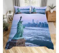 Housse de Couette 240x260 Statue de la Liberté 3D, Lit King Size | Microfibre Douce, Anti-froissage, la Ville de New York Parure de Lit 2 Personnes, 2 Taies d'oreille, Fermeture Éclair Cachée