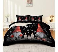 Housse de Couette 260 x 240 cm, Noël Lutin de Noël Flocons de Neige Parure de Lit Imprimée Microfibre Douce avec Fermeture Éclair + 2 Taies d'oreiller 65x65 cm, Noir Rouge