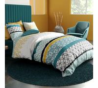 Housse de Couette 260x240 cm CITEDOR + 2 taies - 100% Coton 57 Fils - Dessins géométriques Turquoise, Noir et Or - Oeko-Tex