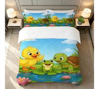 Housse de Couette 280x240 cm Caneton, Grenouille et Tortue Parure de Lit 2 Personnes Animaux de l'Étang Linge de Lit 3 Pièces Ensemble de Housses de Couette en Microfibre Douce avec Fermeture Éclair