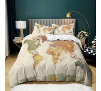 Housse de Couette 3 Pièces 140x200 cm Carte Monde Rétro, Parure de Lit 1 Personnes en Microfibre Douce, Ensemble de Literie Beige avec 2 Taies d'oreiller 65x65 cm pour Décoration de Chambre