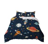 Housse de Couette 3 Pièces 90x190 cm Étoiles Fusée Planète Dessin Animé, Parure de Lit 1 Personnes en Microfibre Douce, Ensemble de Literie avec 2 Taies d'oreiller 65x65 cm pour Décoration de Chambre