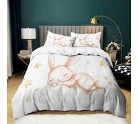 Housse de Couette 3 Pièces 90x190 cm Lapin Animal Dessin Animé, Parure de Lit 1 Personnes en Microfibre Douce, Ensemble de Literie Étoile avec 2 Taies d'oreiller 65x65 cm pour Décoration de Chambre