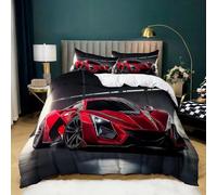 Housse de Couette 3 Pièces 90x190 cm Voiture Course Voitures Sport, Parure de Lit 1 Personnes en Microfibre Douce, Ensemble de Literie Rouge avec 2 Taies d'oreiller 65x65 cm pour Décoration de Chambre